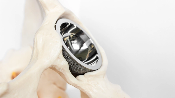 Image of a metallic hip socket implant made from amorphous alloys. The implant features a smooth, rounded cup designed to fit into the hip bone, showcasing a polished surface to minimize friction and ensure smooth joint movement.